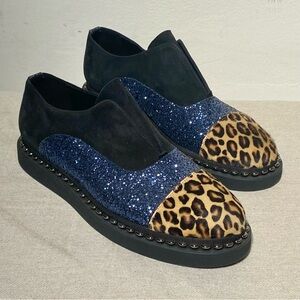 Marie Laffont New York georgia star blue glitter cheetah black loafers size 41